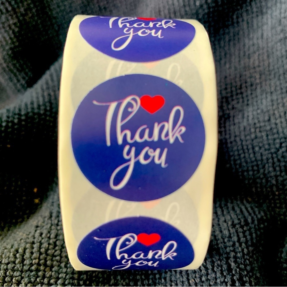 Thank You Sticker Labels 500 labels on roll. 1” Round NWT Navy Blue white